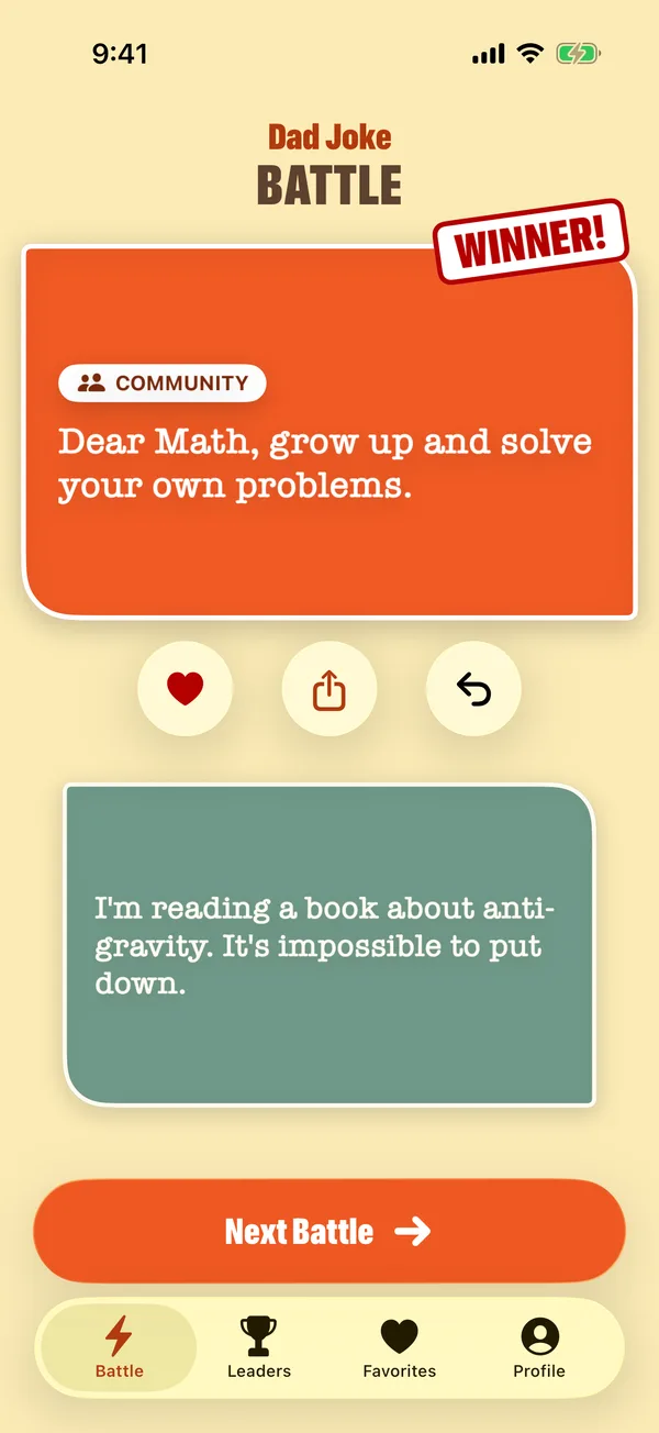 A battle in the app: the winning joke is stamped WINNER! with buttons to favorite, share or undo, and a Next Battle button.