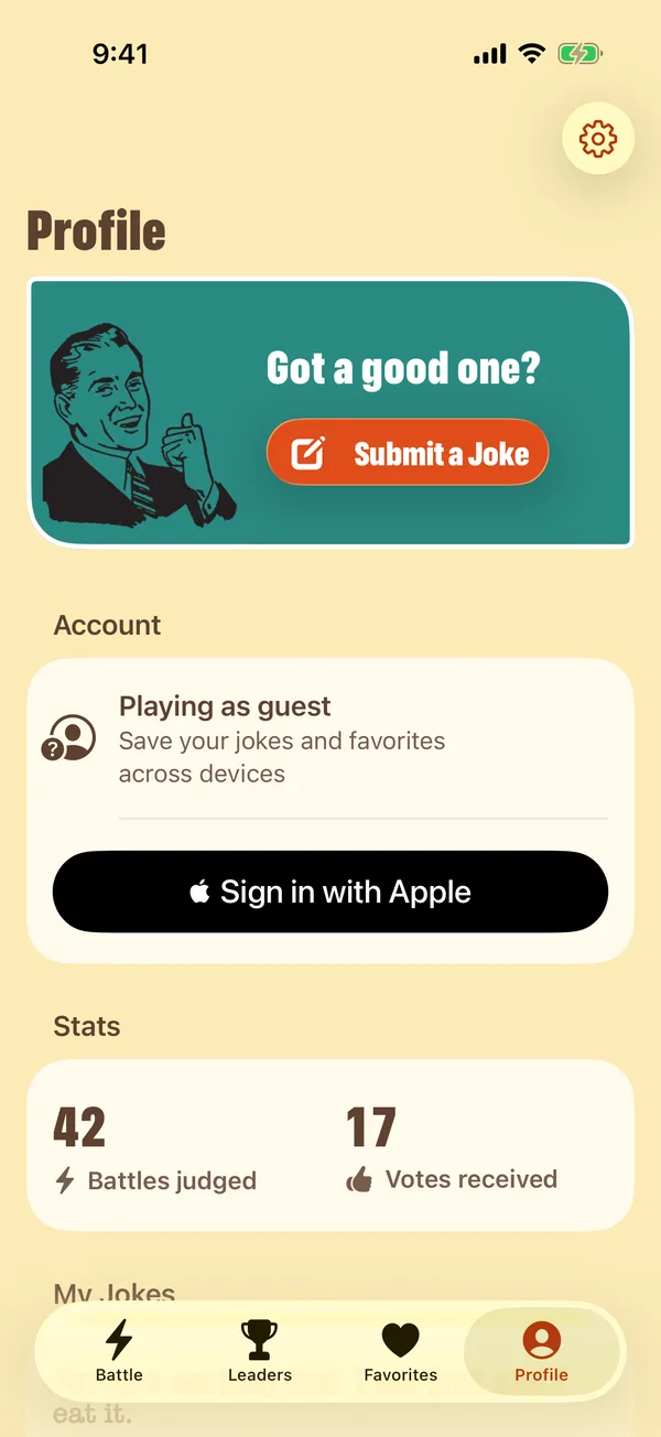 The Profile tab: a Submit a Joke button, Sign in with Apple, and stats for battles judged and votes received.